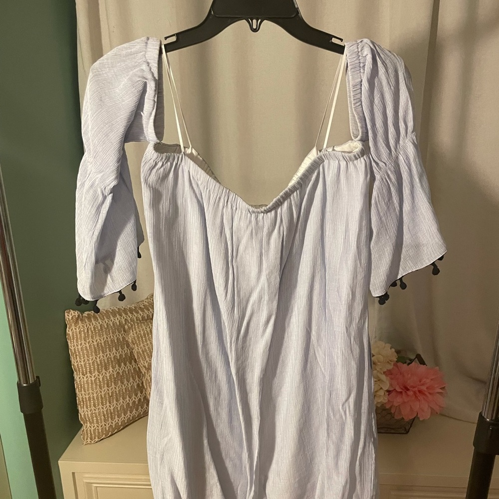 Off the Shoulder Blue Dress with Black Pom-Poms